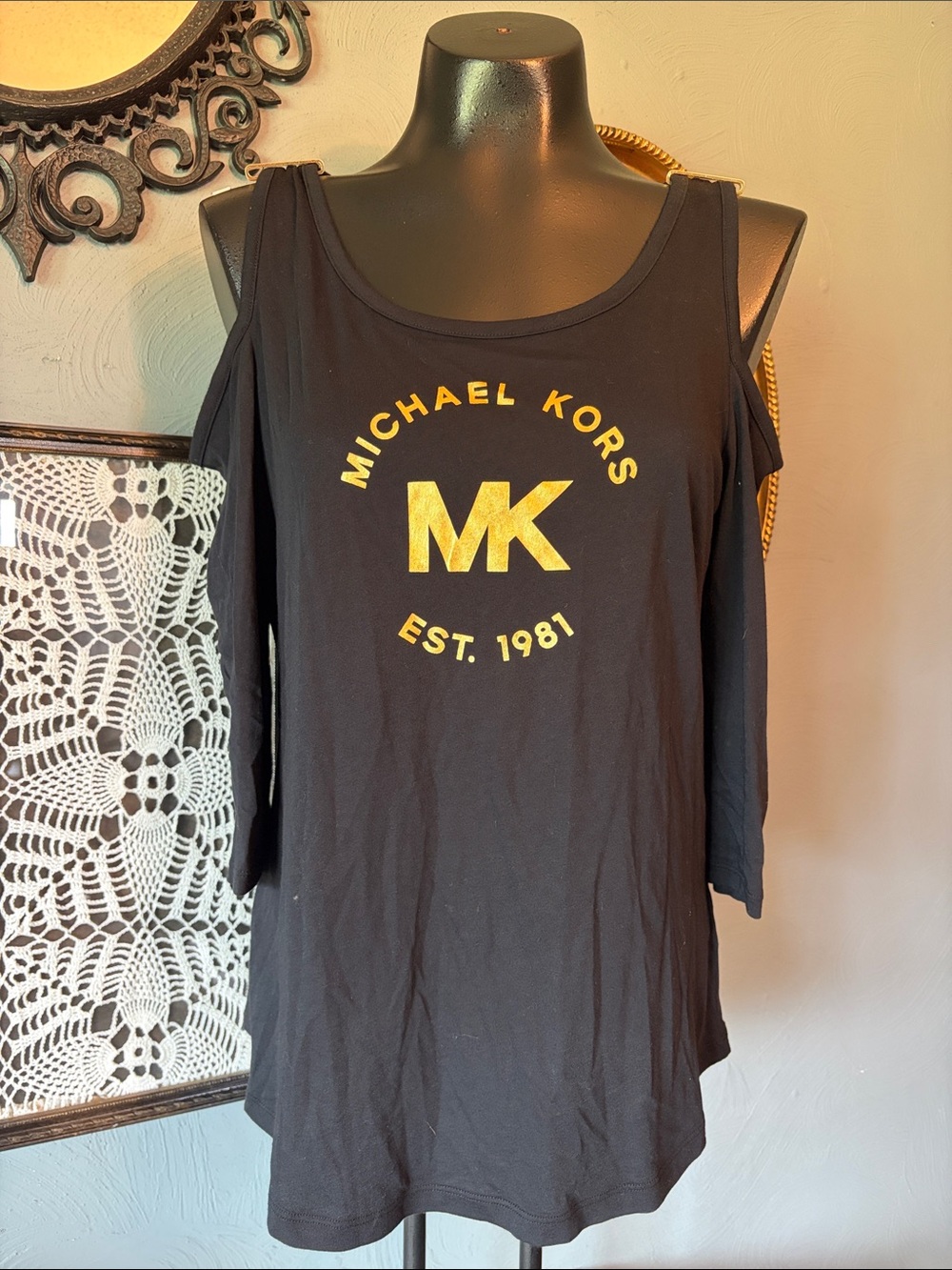 Michael Kors Black Cold-Shoulder Tee with Gold MK Logo